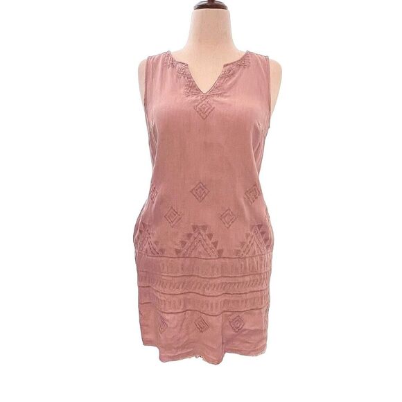 Artisan NY Coral Embroidered Linen Dress Size Medium Boho Peasent Shift Mini - Picture 1 of 12